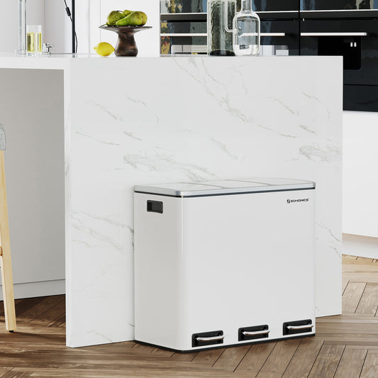 Recycling Bin, Trio Trash Can, 3 x 18L, with 3 Compartments, Soft-Closing Lids, Pedals, Fingerprints Proof Stainless Steel, 2