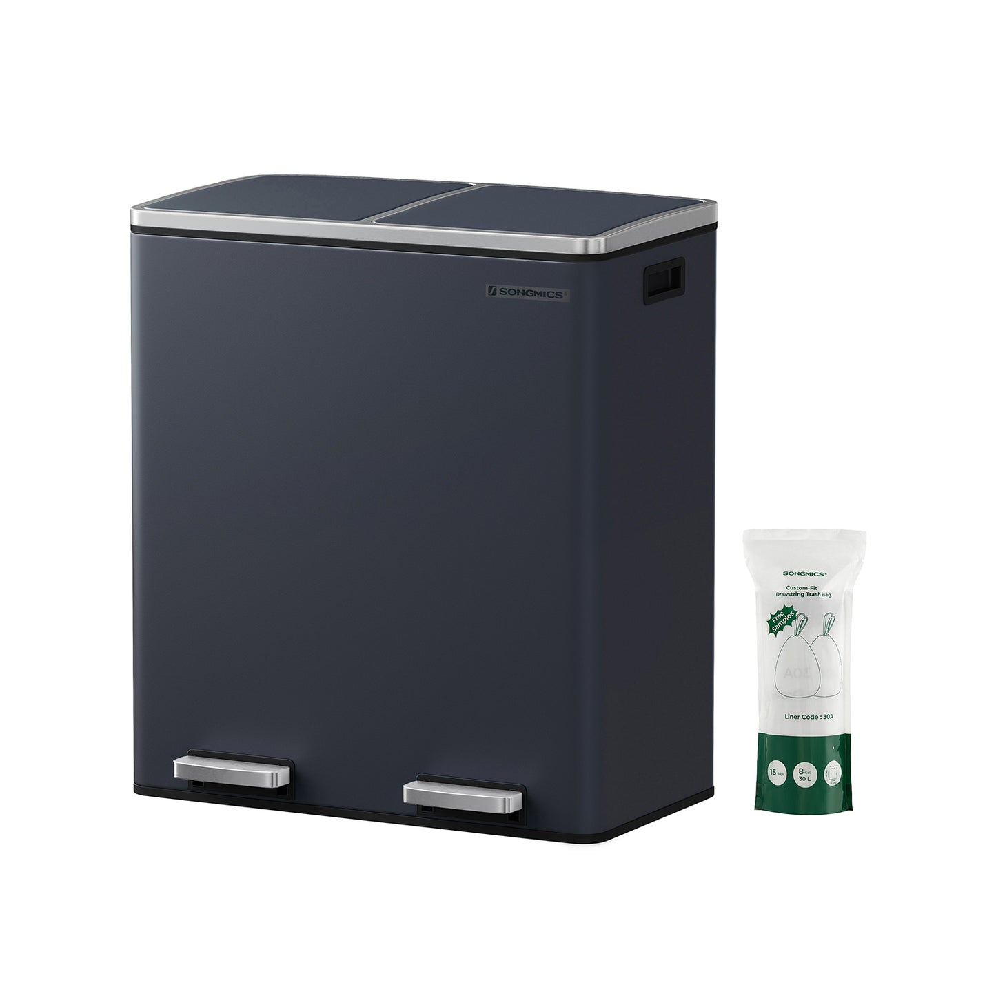 Dual Rubbish Bin, 2 x 30L Recycling Bin, Metal Pedal Bin, with Dual Compartments, 1