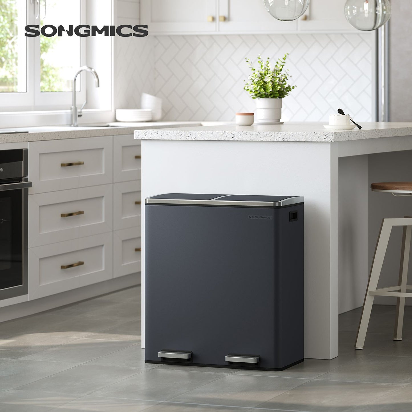 Dual Rubbish Bin, 2 x 30L Recycling Bin, Metal Pedal Bin, with Dual Compartments, 2