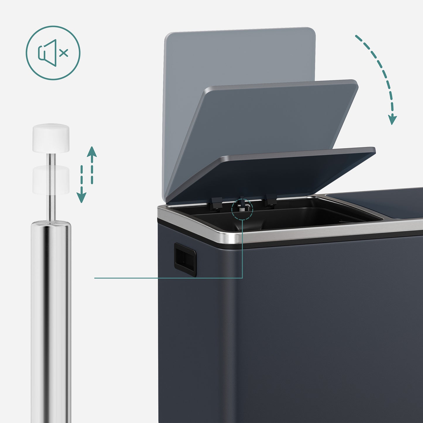 Dual Rubbish Bin, 2 x 30L Recycling Bin, Metal Pedal Bin, with Dual Compartments, 3