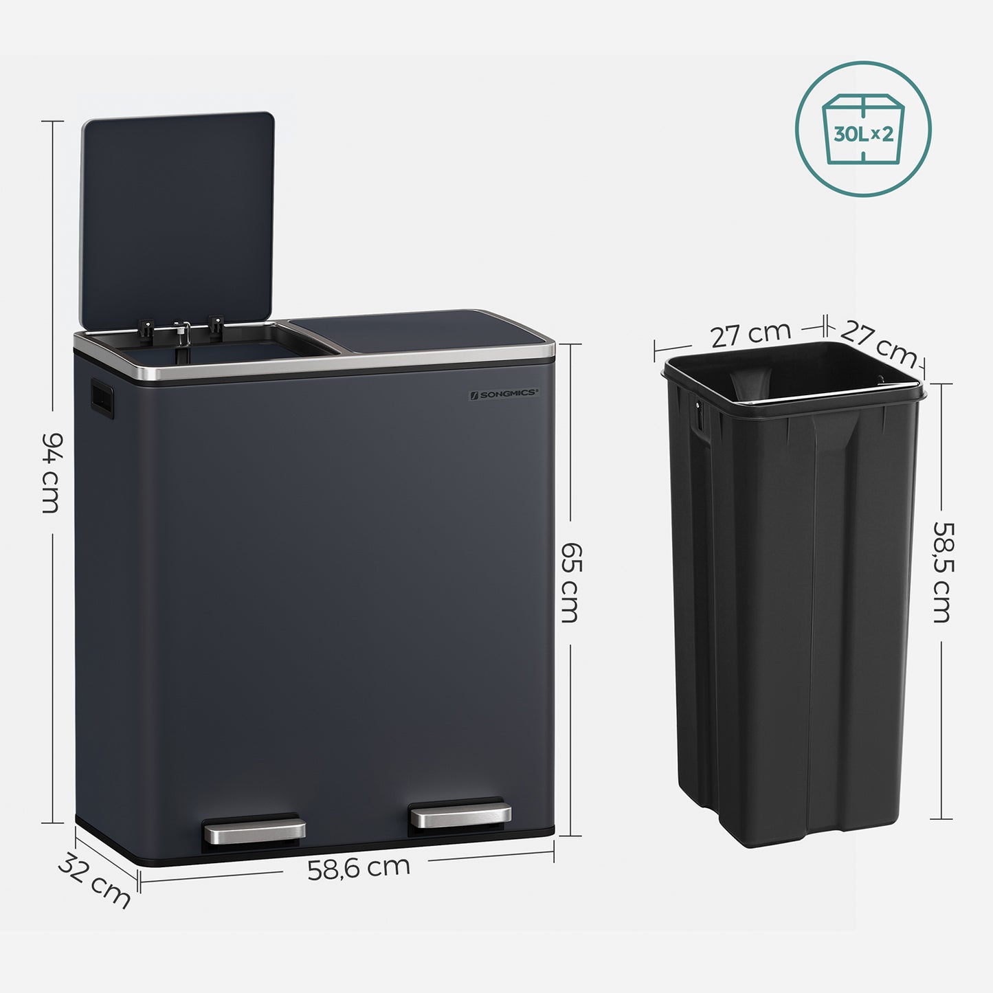 Dual Rubbish Bin, 2 x 30L Recycling Bin, Metal Pedal Bin, with Dual Compartments, 6