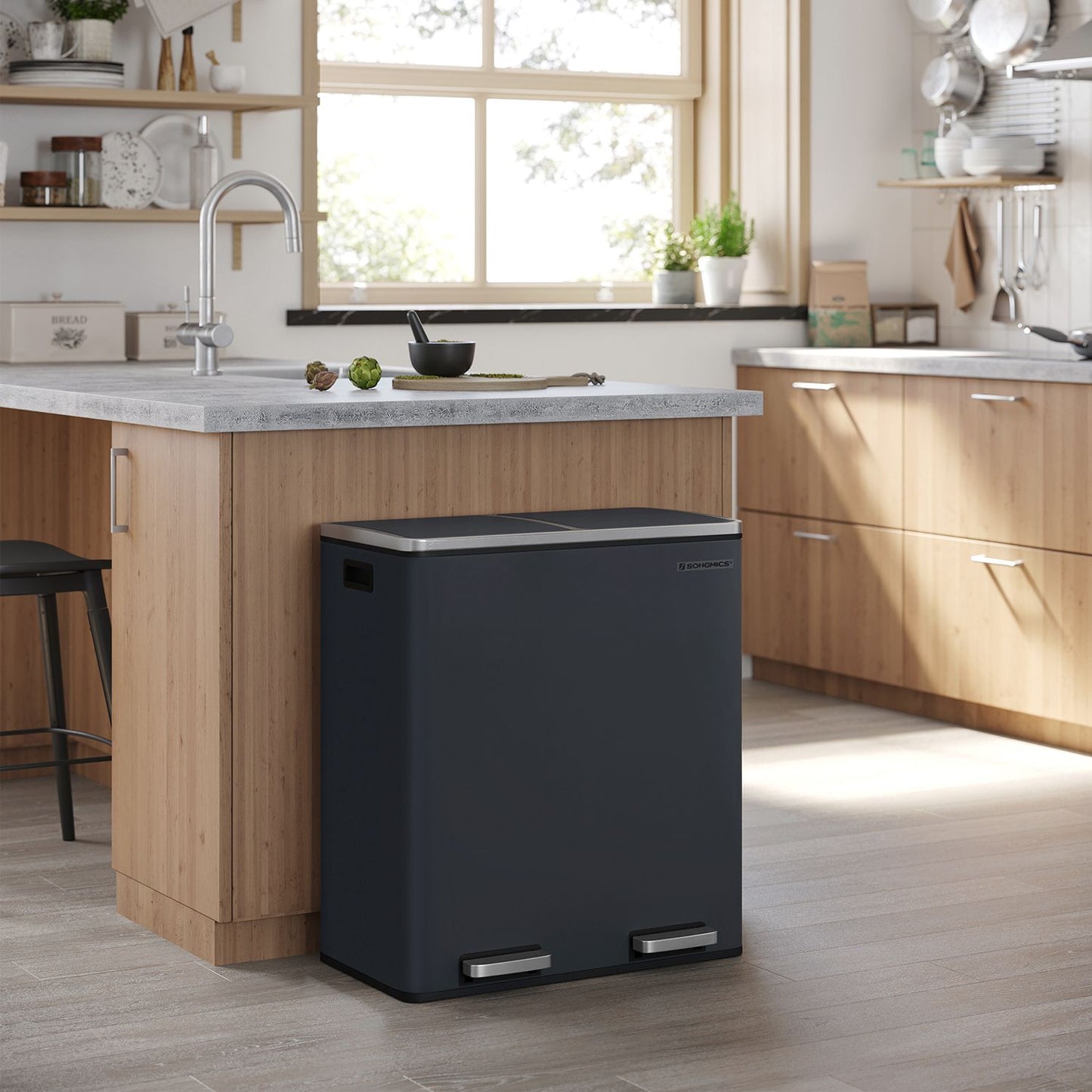 Dual Rubbish Bin, 2 x 30L Recycling Bin, Metal Pedal Bin, with Dual Compartments, 8
