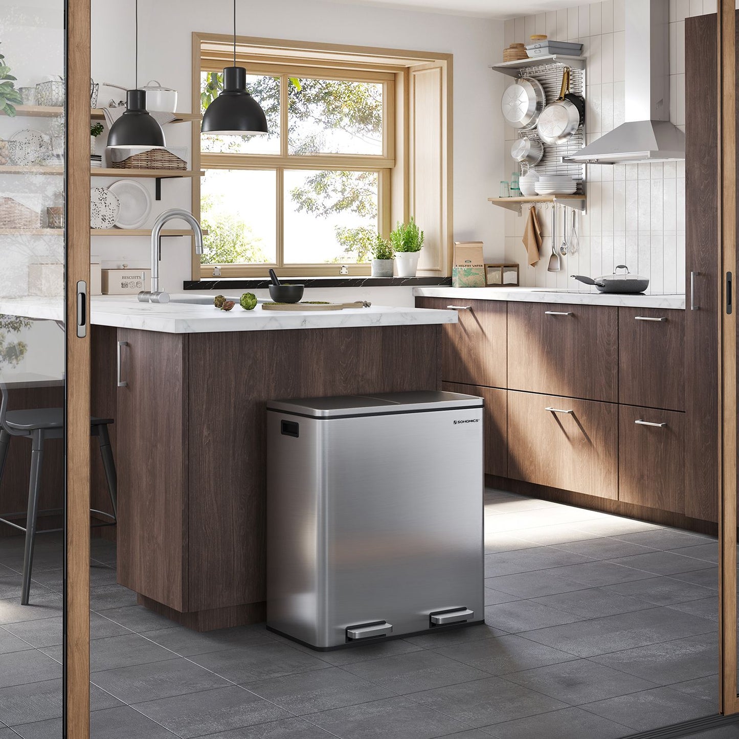 Double Recycle Pedal Bin, 2 x 30L Rubbish Trash Can with Dual Compartment, Fingerprint Proof Stainless Steel, 8