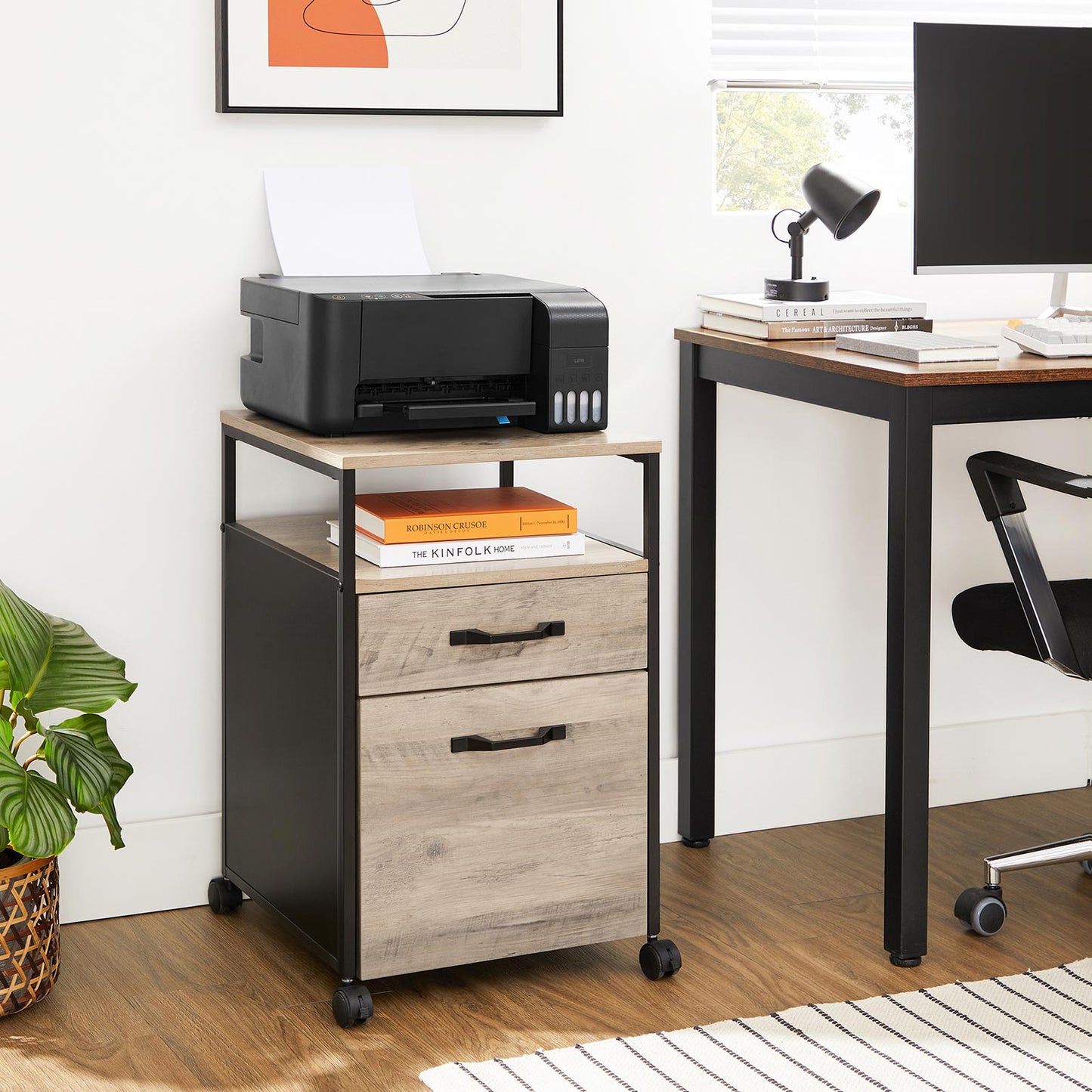 VASAGLE - File Cabinet with 2 Drawers, Rolling Office Filing Cabinet with Wheels, Open Compartment, Stable Steel Frame