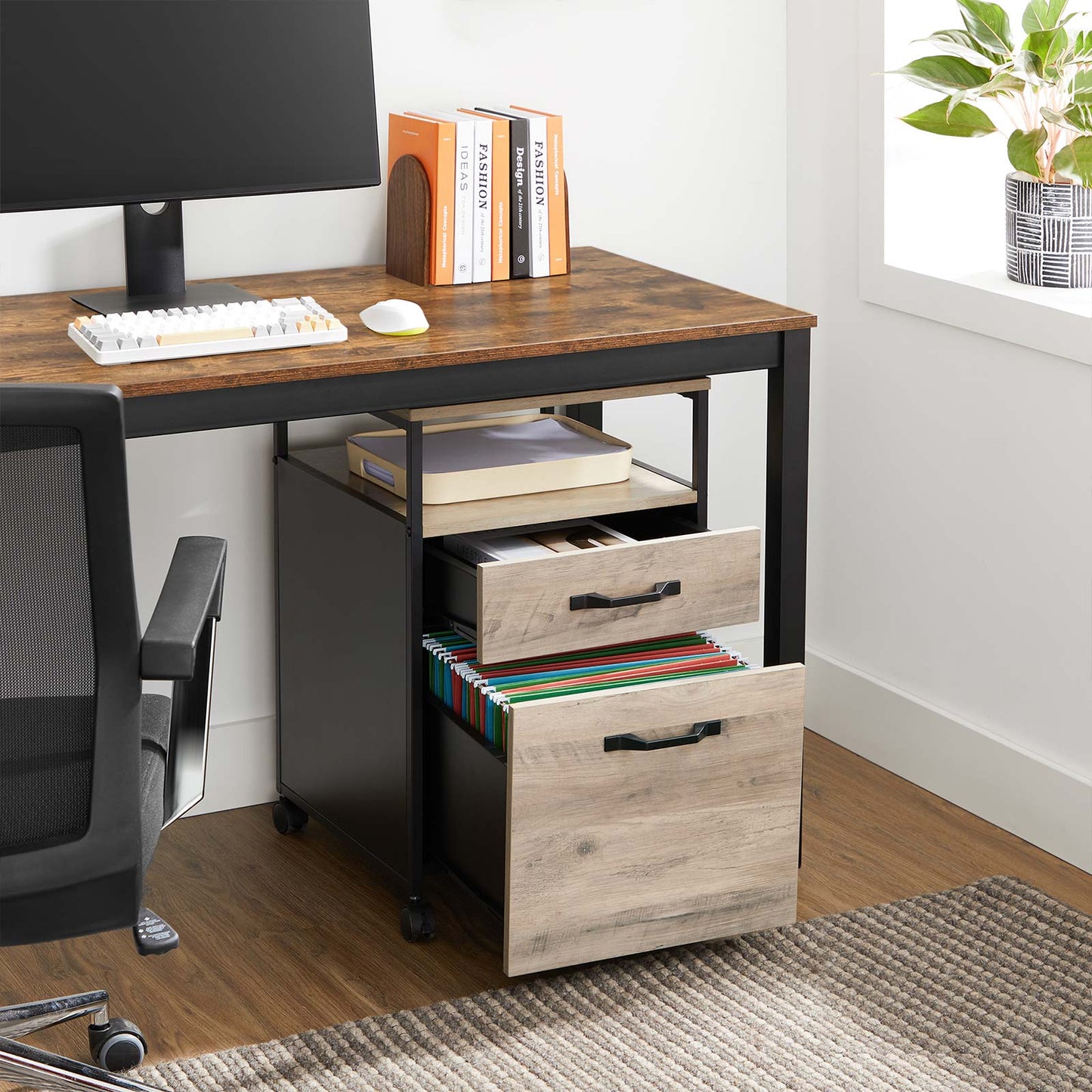 VASAGLE - File Cabinet with 2 Drawers, Rolling Office Filing Cabinet with Wheels, Open Compartment, Stable Steel Frame