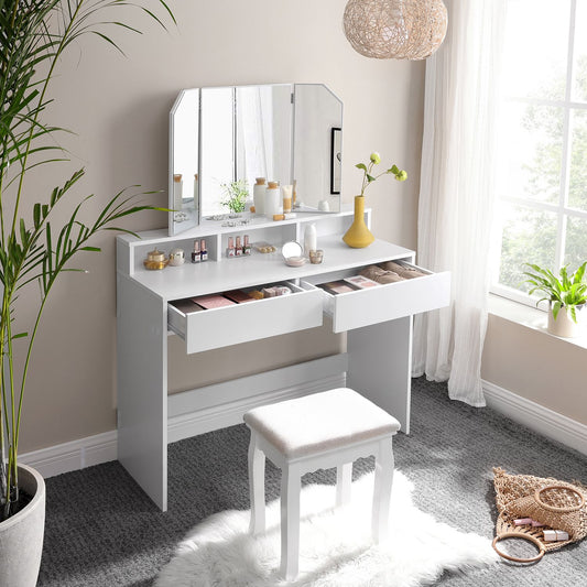 Dressing Table with Tri-Fold Mirror, Makeup Table, with 2 Drawers and 3 Open Compartments, Vanity Table, 2