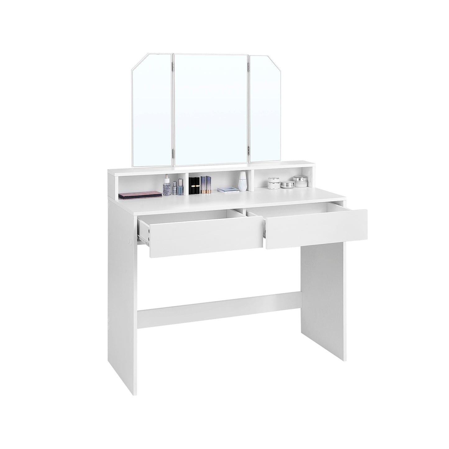 Dressing Table with Tri-Fold Mirror, Makeup Table, with 2 Drawers and 3 Open Compartments, Vanity Table, 6