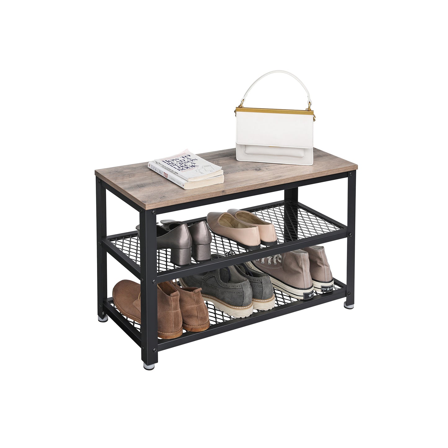 Shoe Bench Rack, 3-tier Industrial Storage Shelf with Seat, Wooden Shelf, Metal Frame, Rustic Brown, VASAGLE, 2