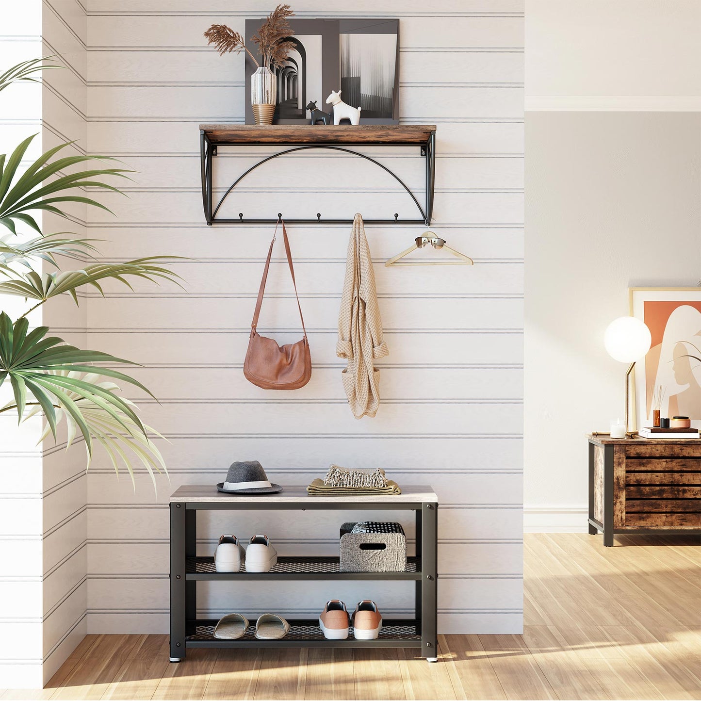 Shoe Bench Rack, 3-tier Industrial Storage Shelf with Seat, Wooden Shelf, Metal Frame, Rustic Brown, VASAGLE, 1