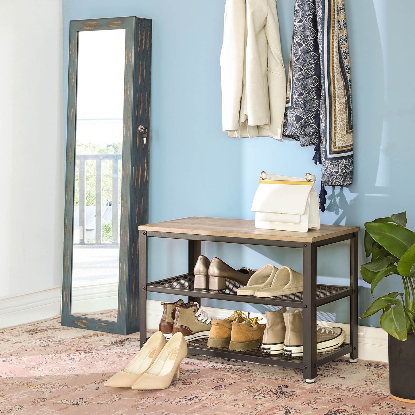 Shoe Bench Rack, 3-tier Industrial Storage Shelf with Seat, Wooden Shelf, Metal Frame, Rustic Brown, VASAGLE, 3