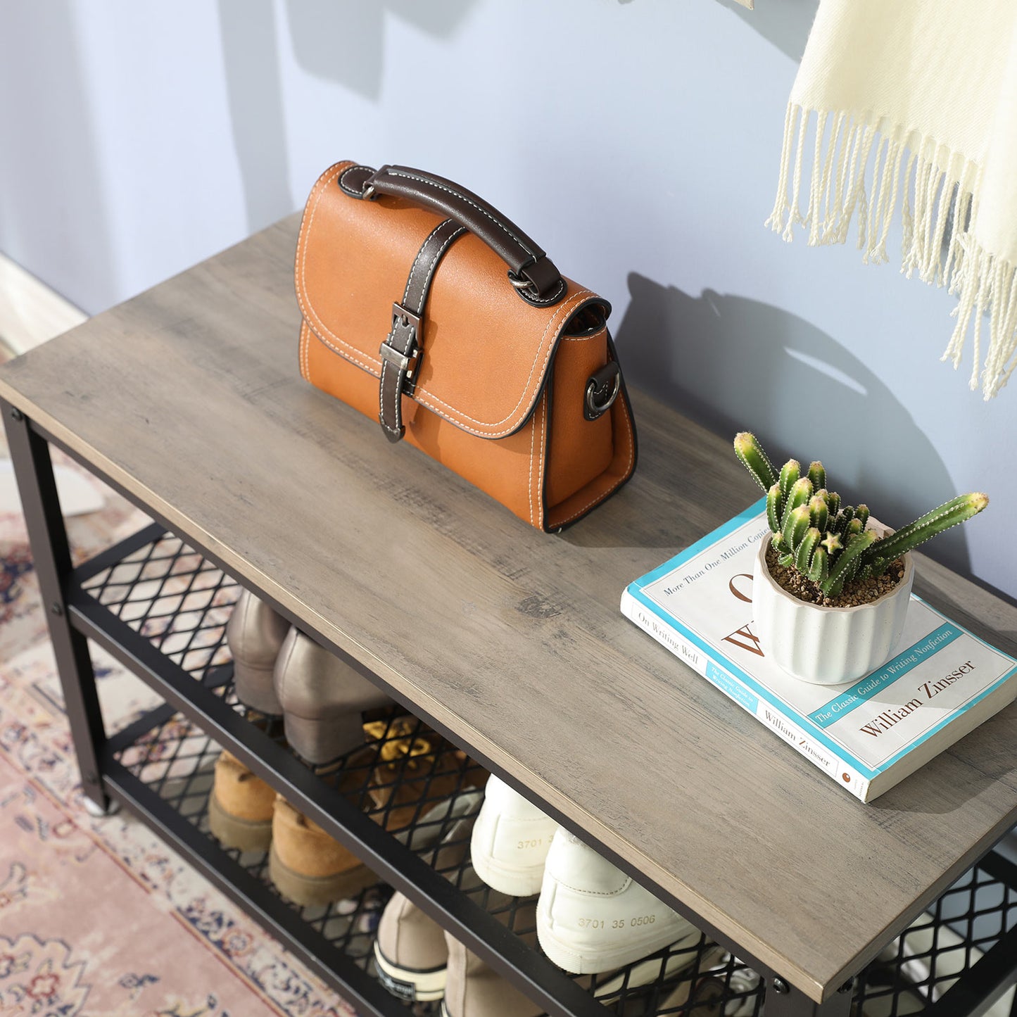 Shoe Bench Rack, 3-tier Industrial Storage Shelf with Seat, Wooden Shelf, Metal Frame, Rustic Brown, VASAGLE, 4