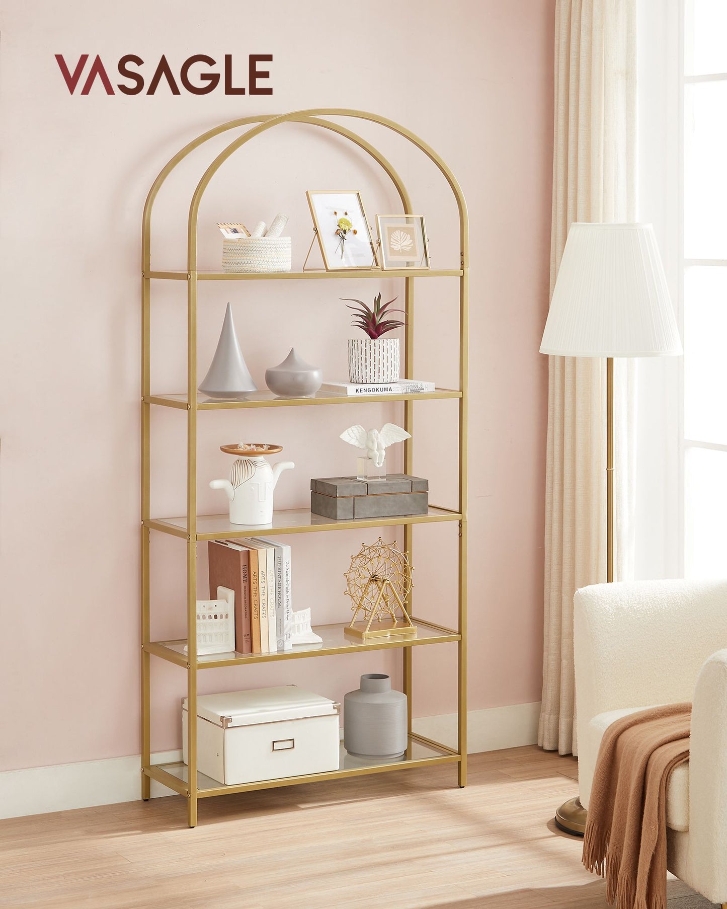 Shelf Unit, 5-Tier Ladder Shelving Unit, Slim Glass Shelf for Bedroom, Gold Colour