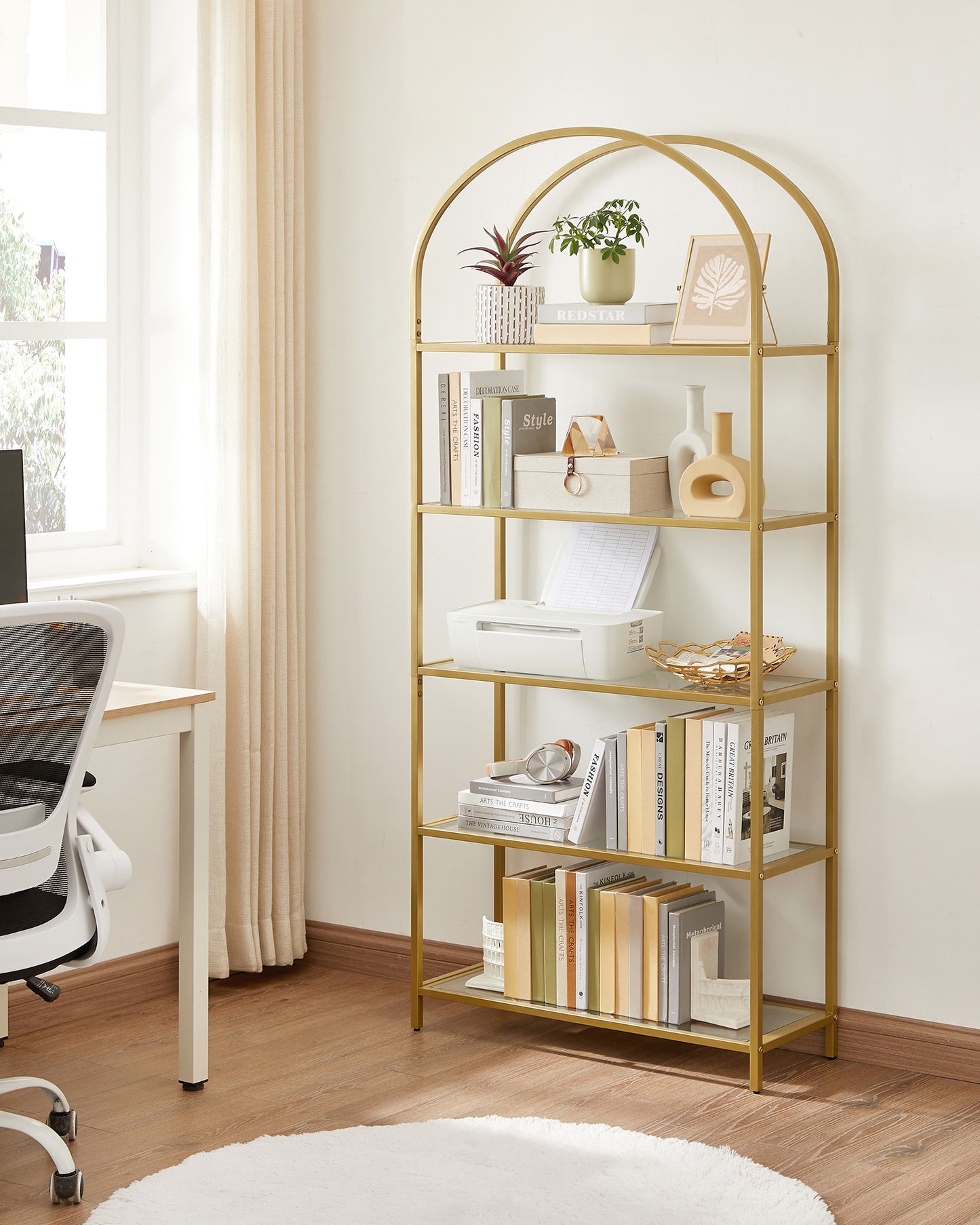 VASAGLE - Shelf Unit, 5-Tier Ladder Shelving Unit, Slim Glass Shelf for Bedroom, Gold Colour