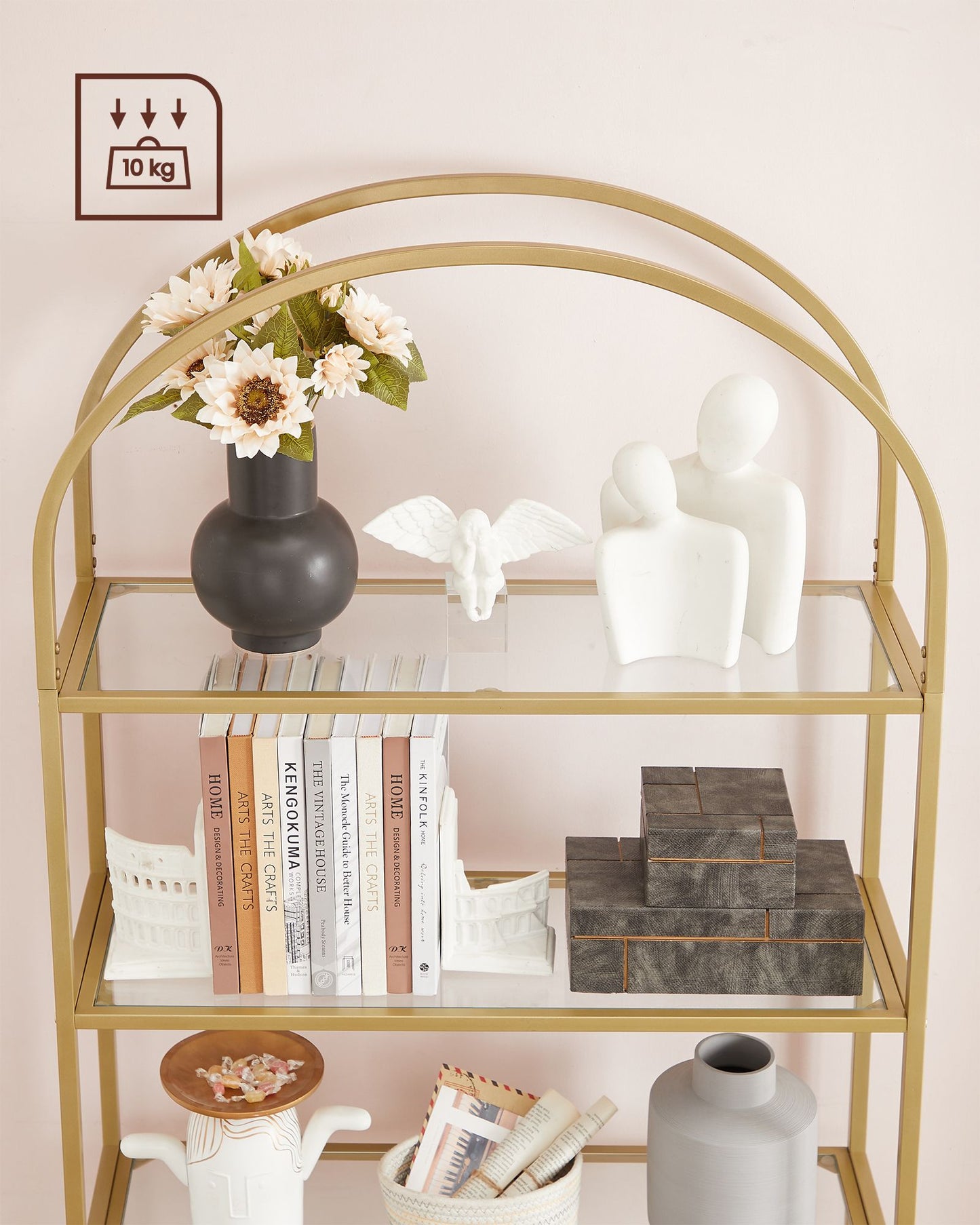 VASAGLE - Shelf Unit, 5-Tier Ladder Shelving Unit, Slim Glass Shelf for Bedroom, Gold Colour