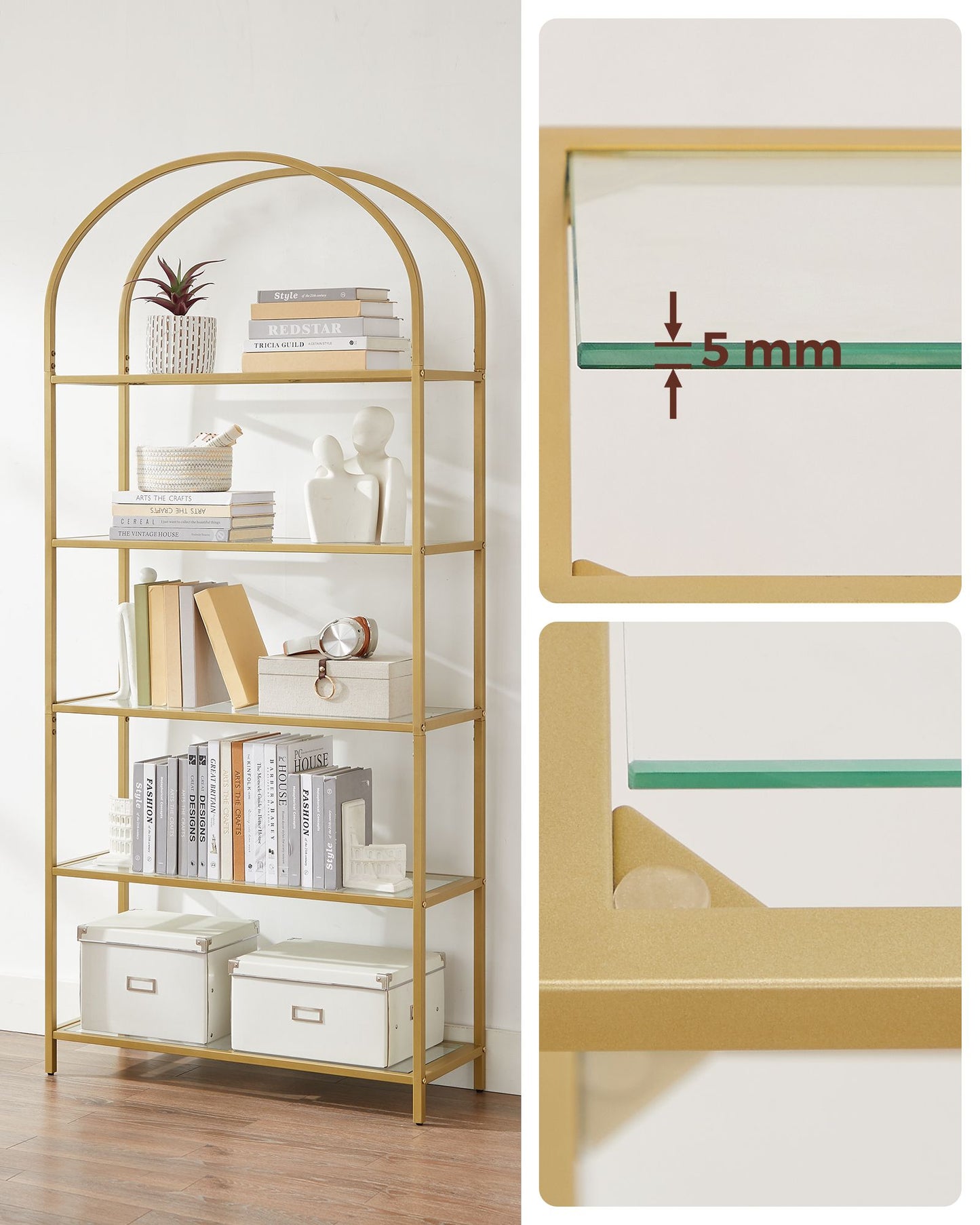 VASAGLE - Shelf Unit, 5-Tier Ladder Shelving Unit, Slim Glass Shelf for Bedroom, Gold Colour