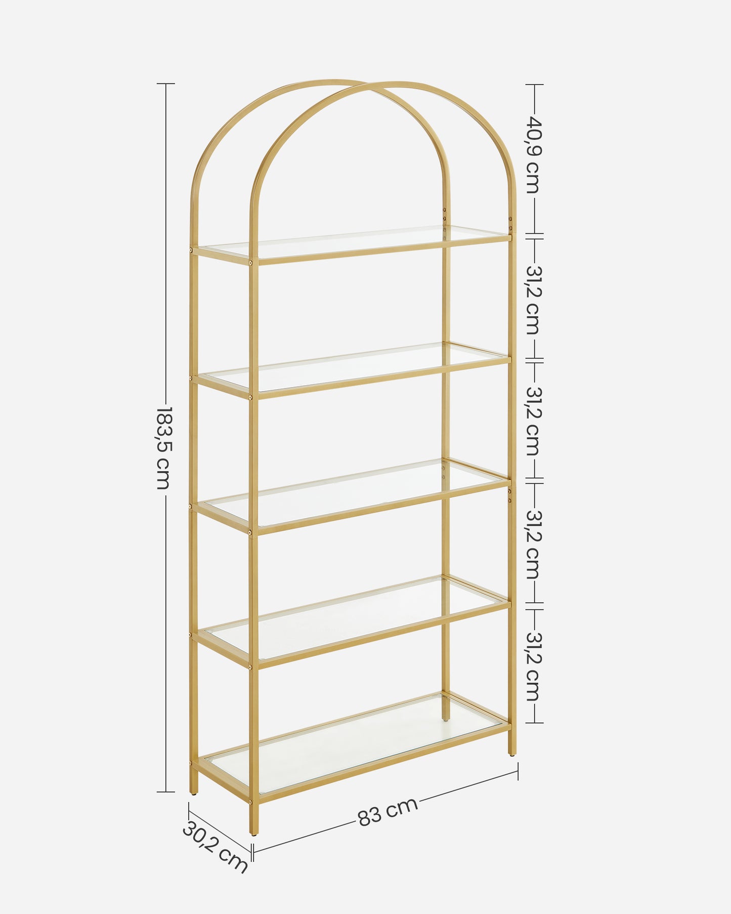 VASAGLE - Shelf Unit, 5-Tier Ladder Shelving Unit, Slim Glass Shelf for Bedroom, Gold Colour