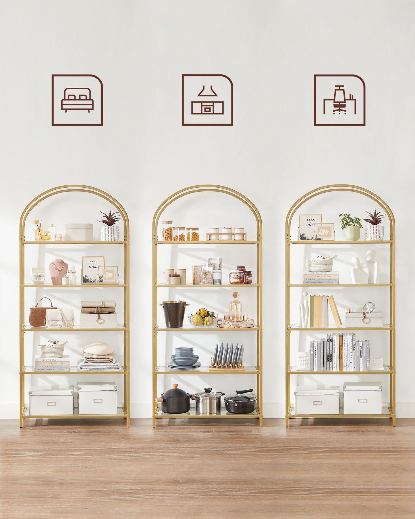 VASAGLE - Shelf Unit, 5-Tier Ladder Shelving Unit, Slim Glass Shelf for Bedroom, Gold Colour