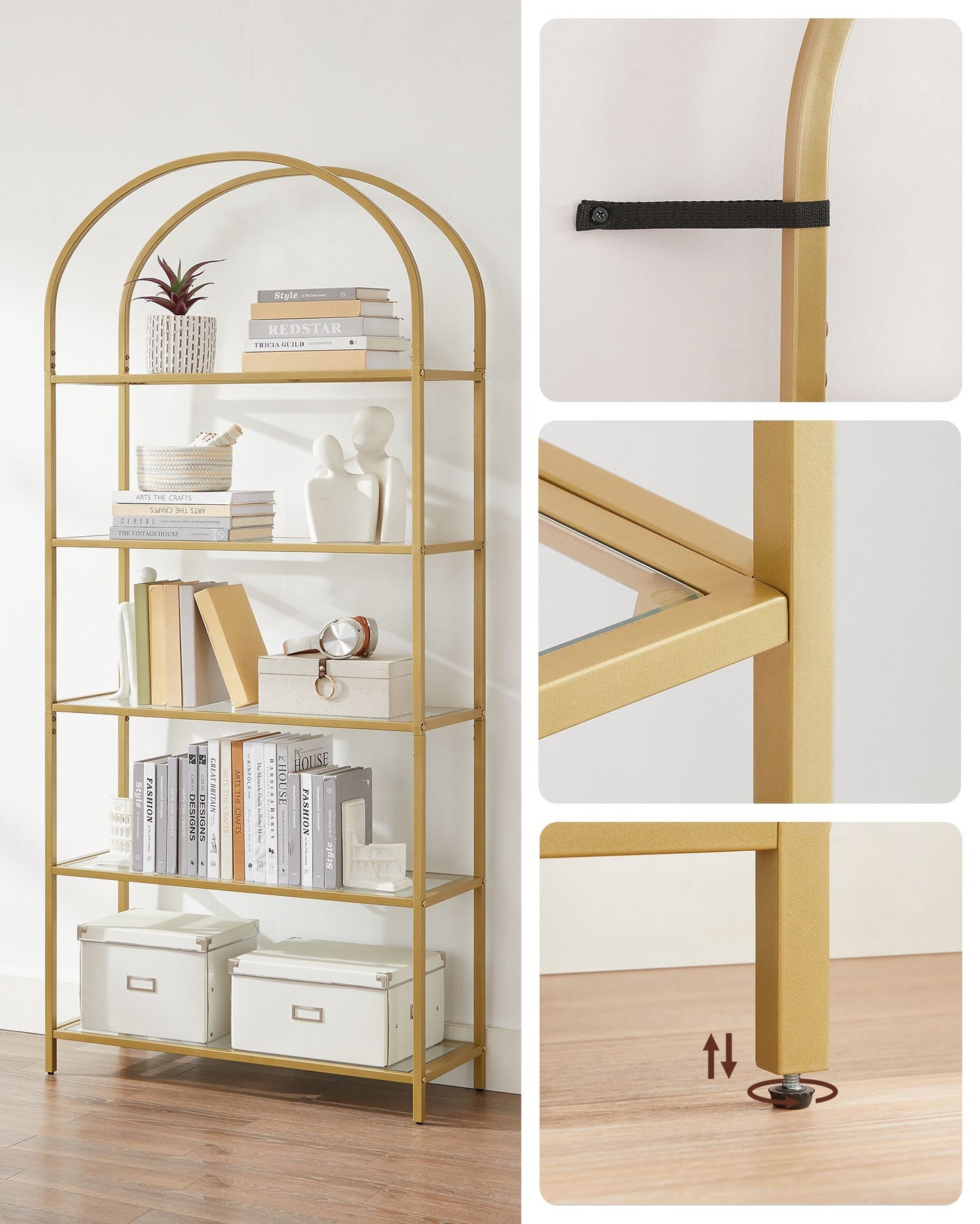 VASAGLE - Shelf Unit, 5-Tier Ladder Shelving Unit, Slim Glass Shelf for Bedroom, Gold Colour