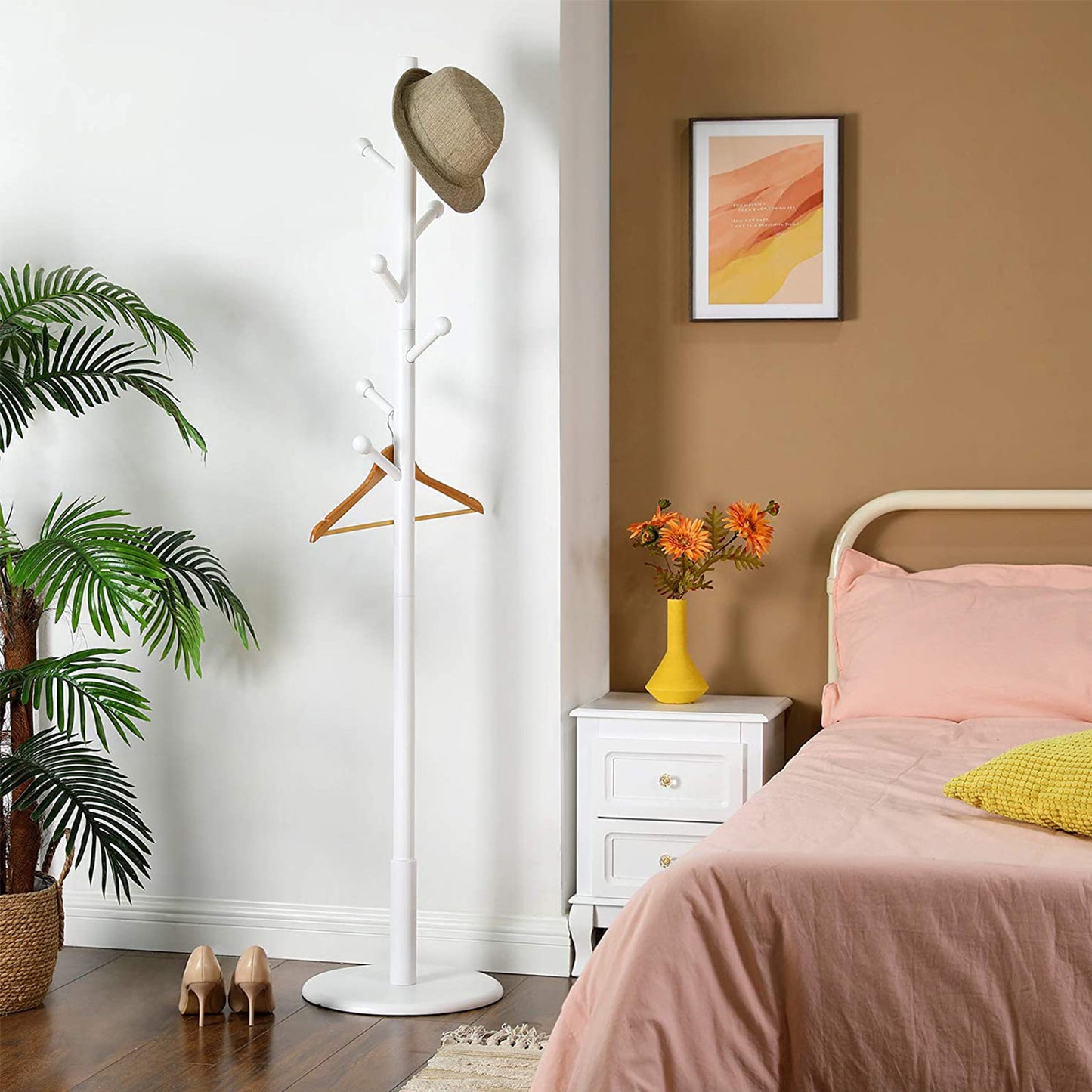 VASAGLE - Coat Rack Free Standing Coat Tree with 7 Rounded Hooks, Wood Hall Tree, Entryway Coat Stand for Clothes, Hats, Purses