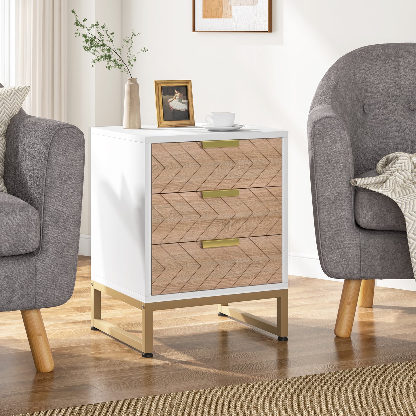 Nigntstand, Modern Bedside Table with 3 Drawers Tribesigns