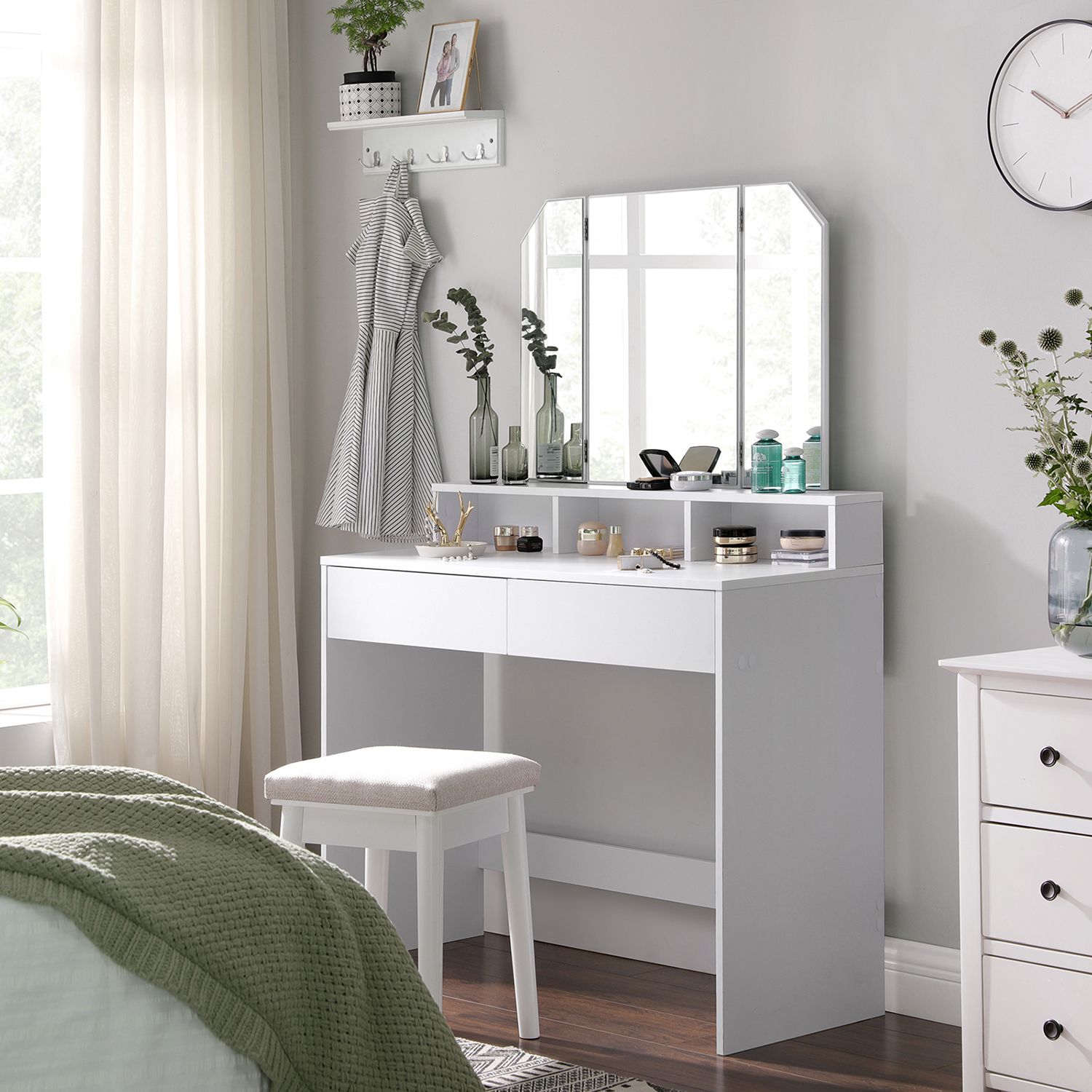 Dressing Table, with Mirror, Makeup Table, with Drawers and Shelves, Jewellery Box, LED Jewellery Cabinet, Vasagle