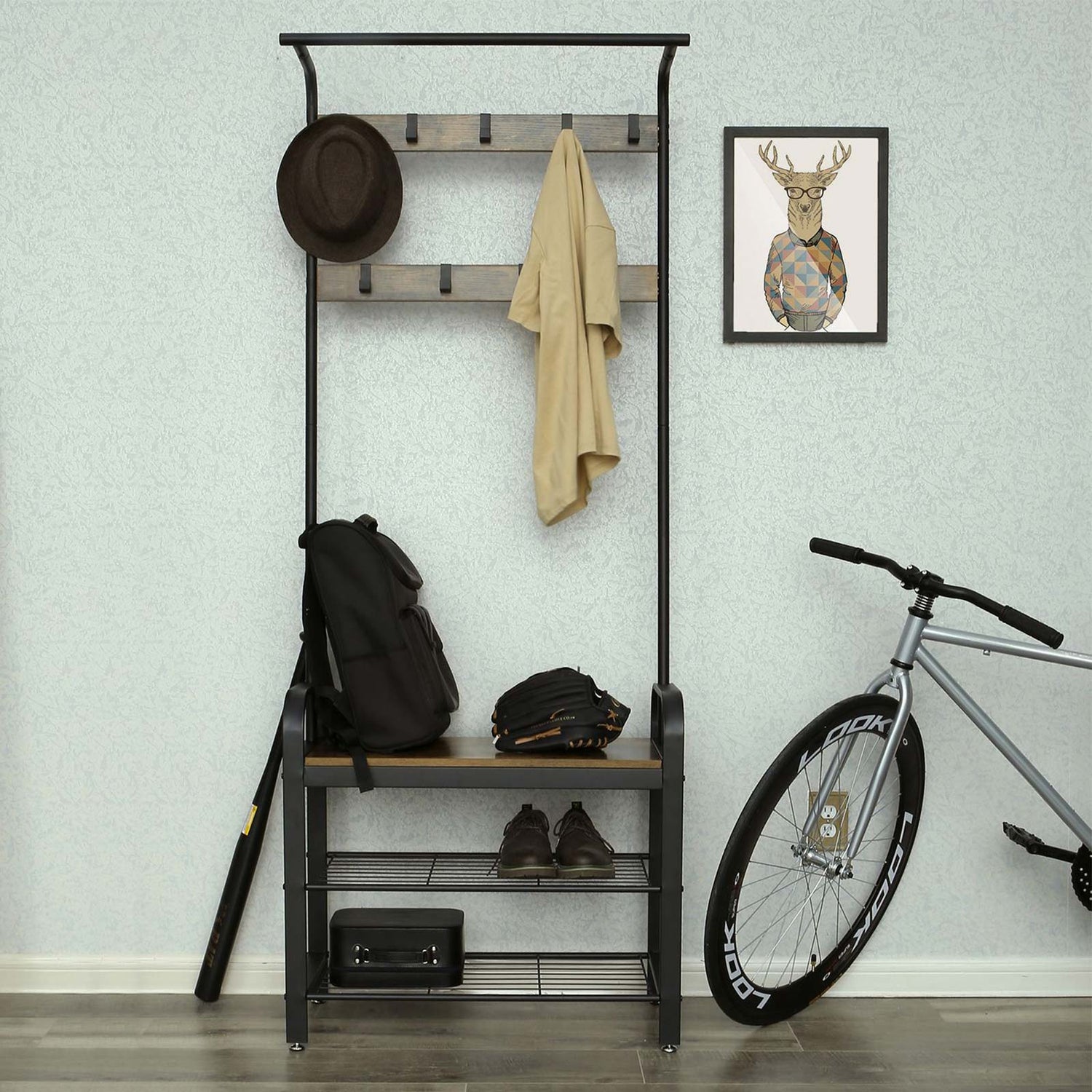 Coat Rack, Industrial Hat and Coat Stand, Hall Shoes Rack Umbrella Bag Stand, VASAGLE