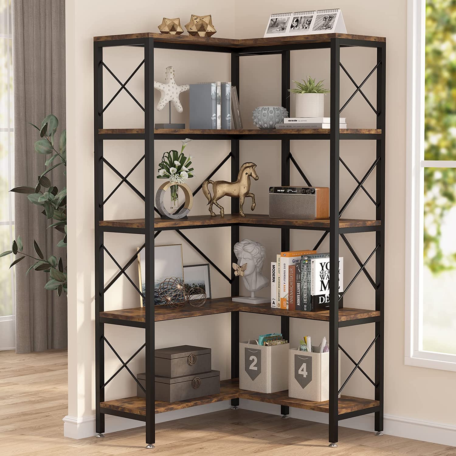 Bookshelf, Corner Bookshelf, 5-Shelf Corner Etagere Bookcase, Corner Display Rack, Rustic Brown, Tribesigns