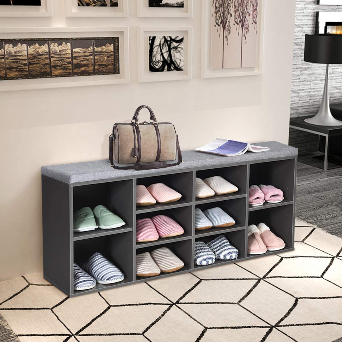 Large Shoe bench / Open Storage Bench-Grey, Costway, 3