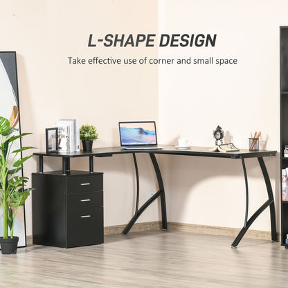 L-Shaped Computer Desk Table with Storage Drawer Home Office Corner Industrial Style Workstation for A4 Files 152 x 143.5 x 76cm, Black, HOMCOM, 7