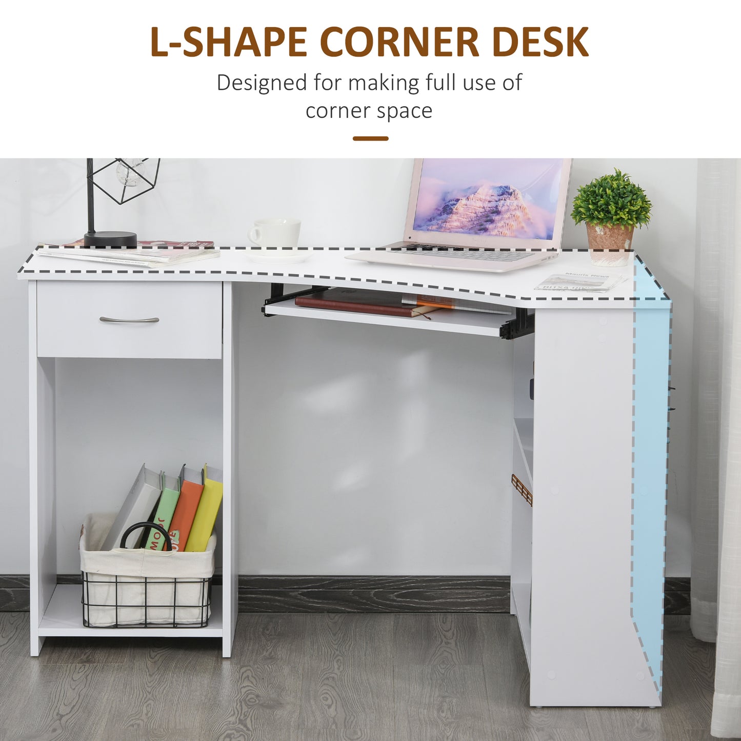 L-Shaped Corner Computer Desk w/ 2 Shelves Wide Worktop Keyboard Tray Drawer & CPU Stand Home Office Study Bedroom Furniture White, HOMCOM, 4