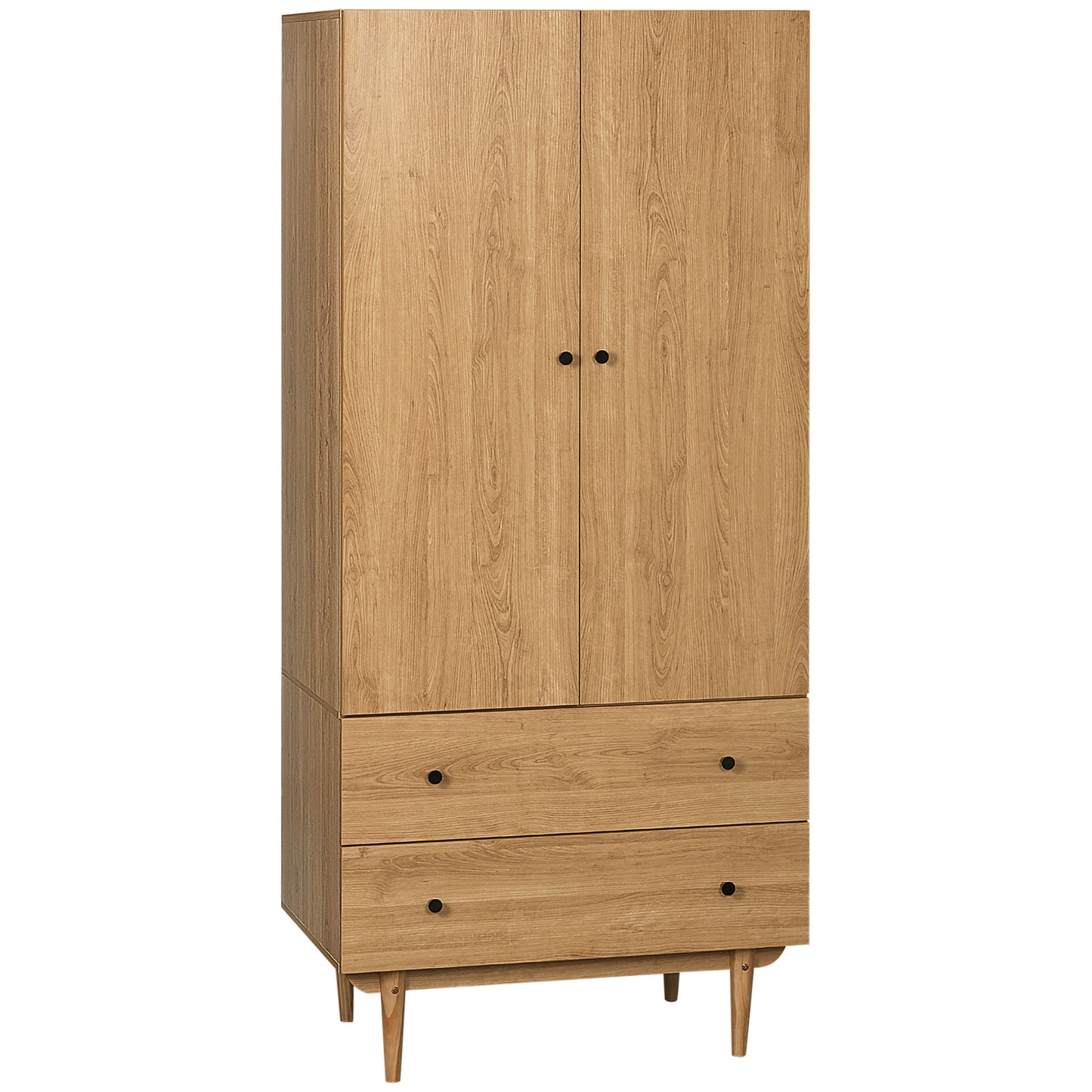 Wardrobe with 2 Doors, 2 Drawers, Hanging Rail for Bedroom Clothes Storage Organiser, 80x52x180cm, Natural Tone, HOMCOM, 1