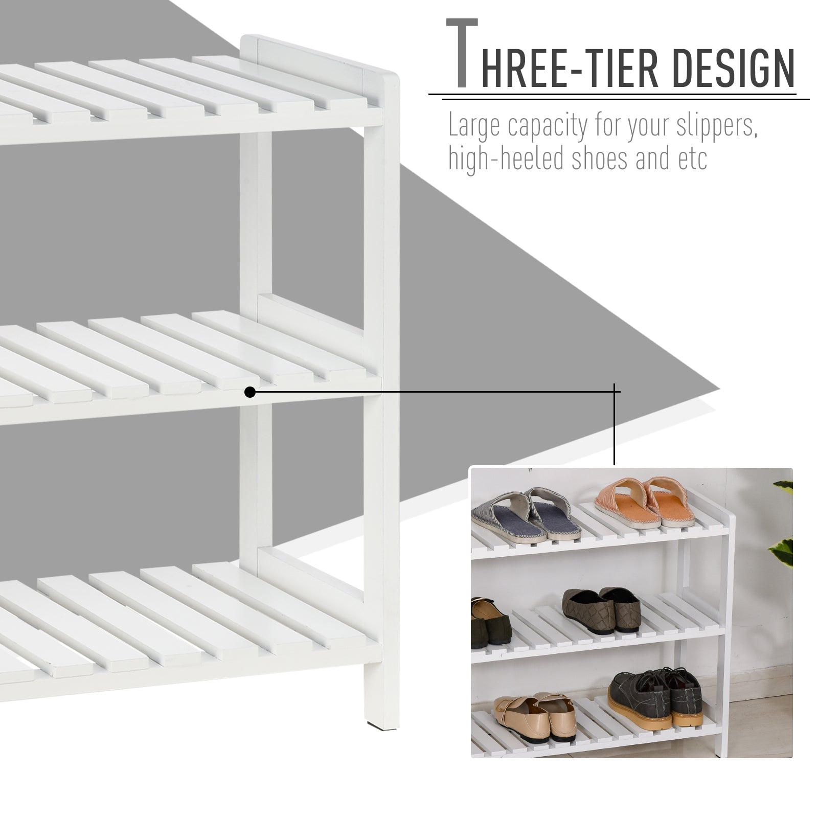 3-Tier Shoe Rack Wood Frame Slatted Shelves Spacious Open Hygienic Storage Home Hallway Furniture Family Guests 70L x 26W x 57.5H cm - White, HOMCOM, 5