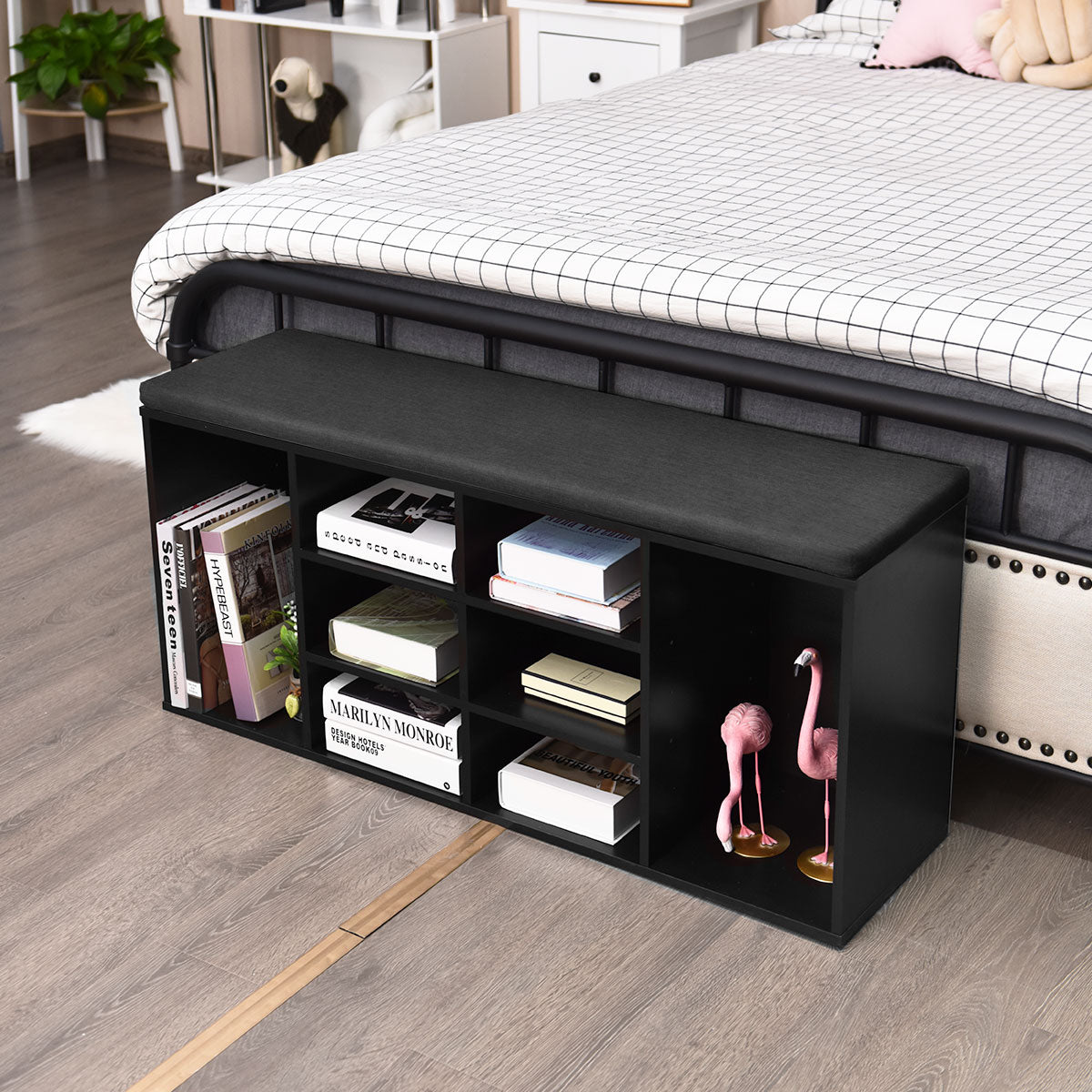 10-Cube Storage Bench Cabinet with Adjustable Shelves-Black, Costway, 5