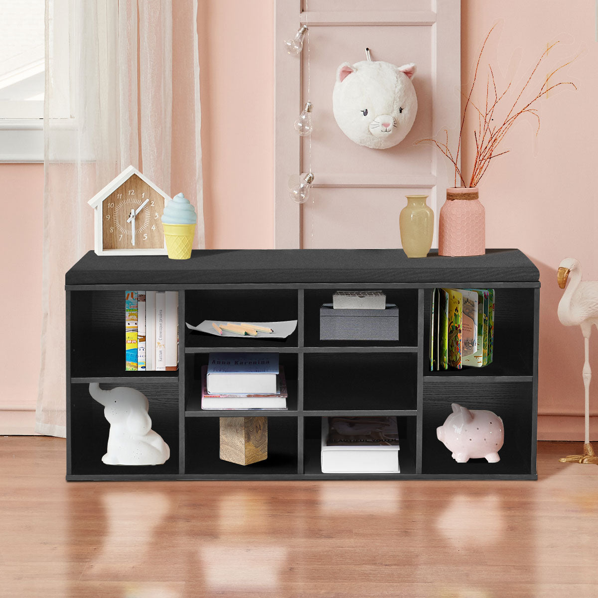 10-Cube Storage Bench Cabinet with Adjustable Shelves-Black, Costway, 6