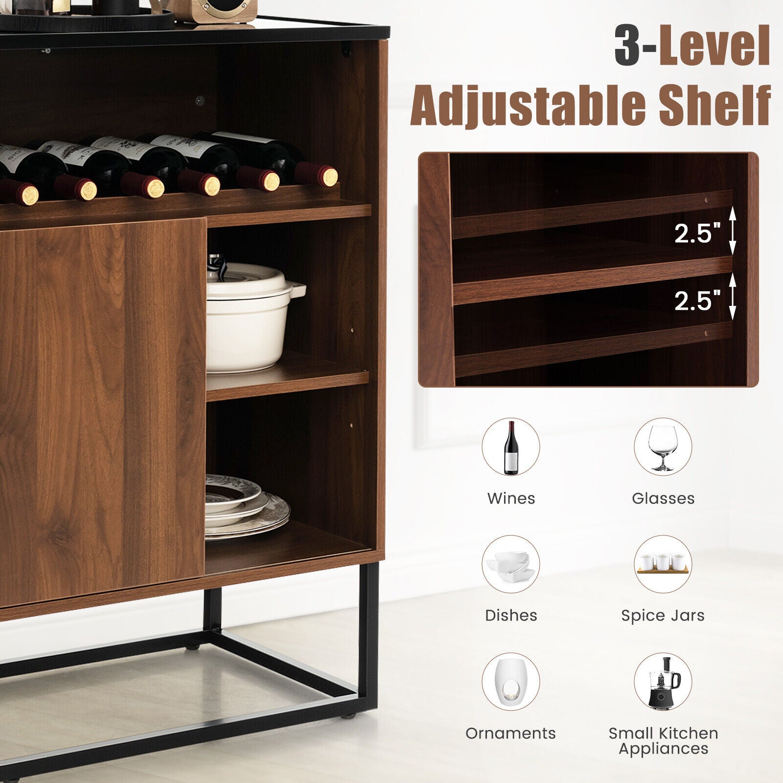 Freestanding Wine Cabinet with Tempered Glass Top-Walnut, Costway, 10