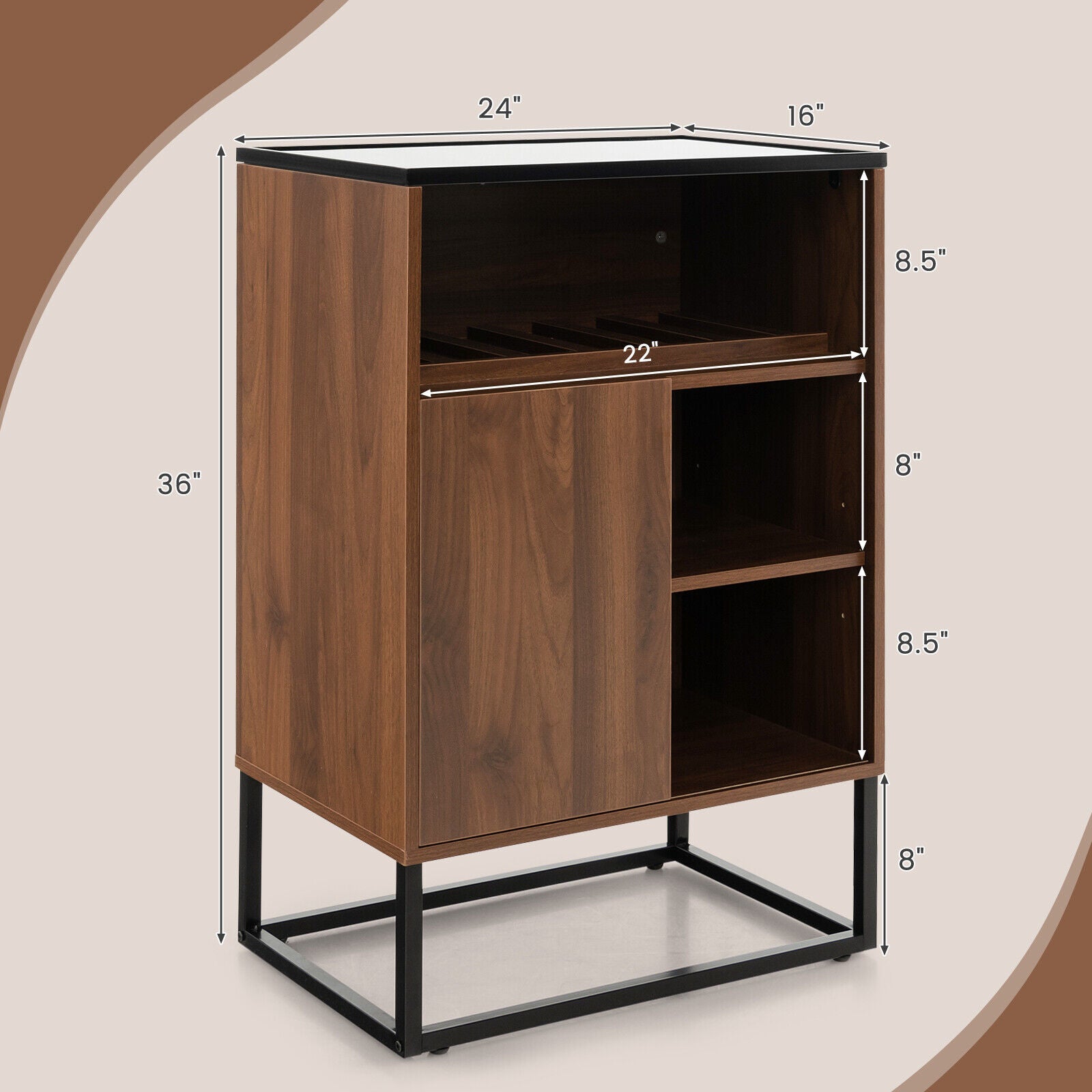 Freestanding Wine Cabinet with Tempered Glass Top-Walnut, Costway, 7