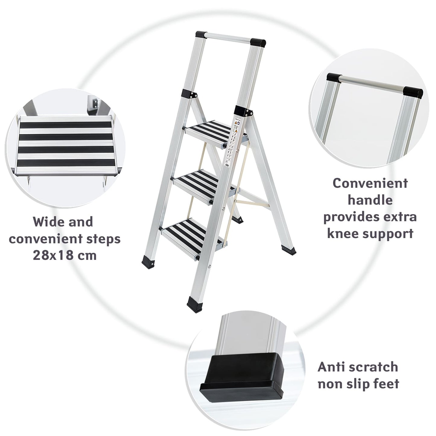Step Ladder, 3 Step Ladder, Folding Step Ladder, Kitchen Step Ladder, Anti-Slip Steps, Tatkraft Adamant, 4