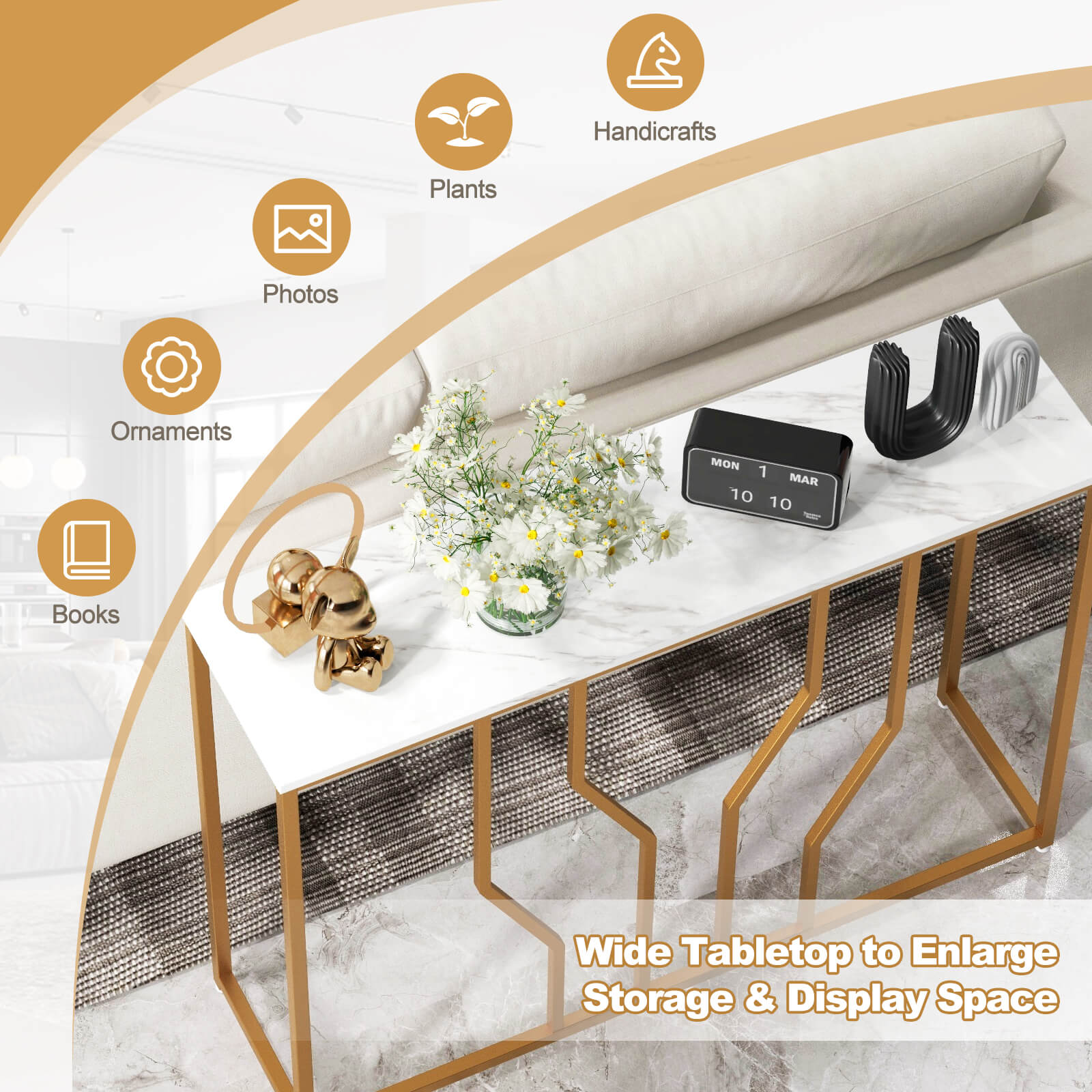 110 cm Gold Console Table Entryway Table with Faux Marble Tabletop-White & Golden, Costway, 1
