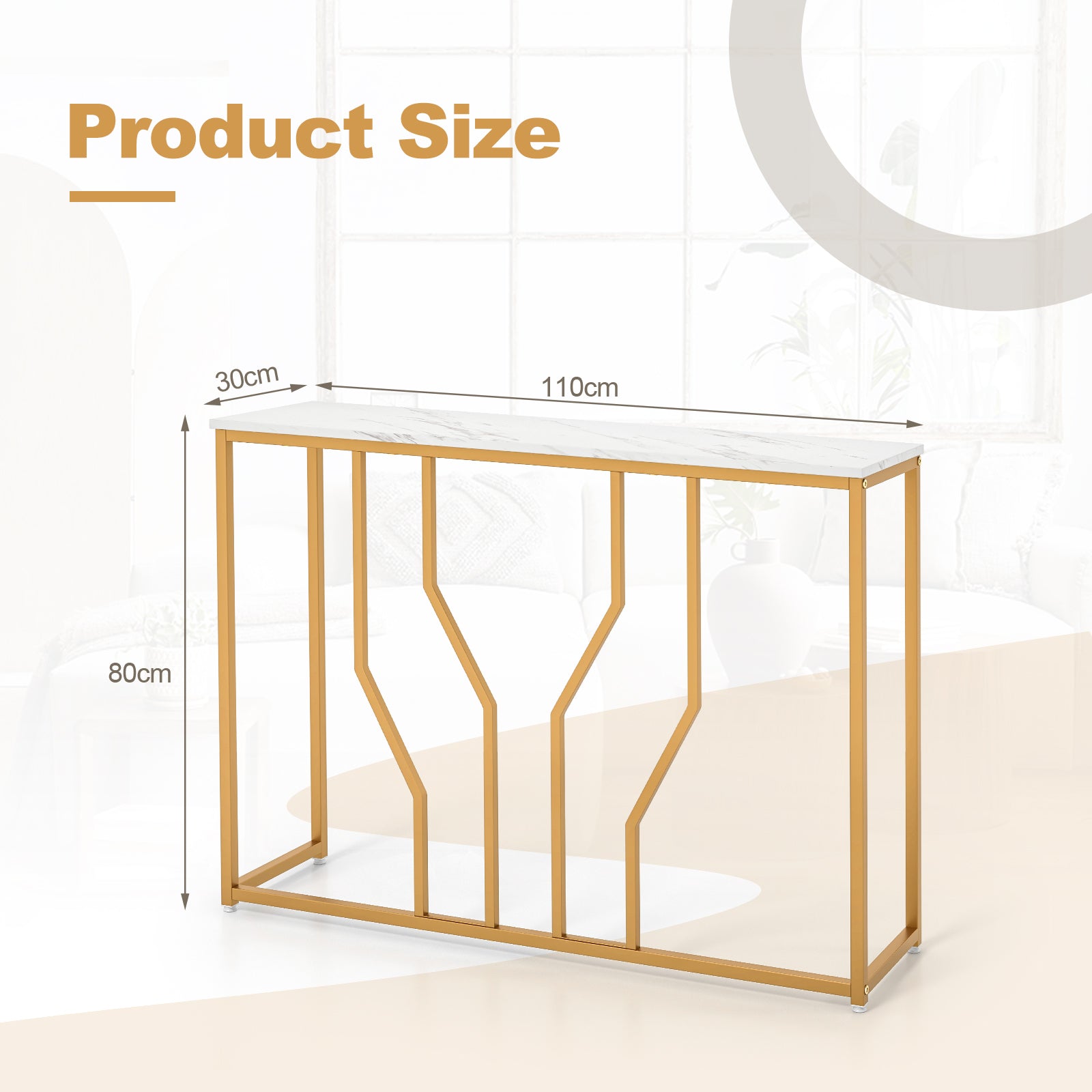 110 cm Gold Console Table Entryway Table with Faux Marble Tabletop-White & Golden, Costway, 1