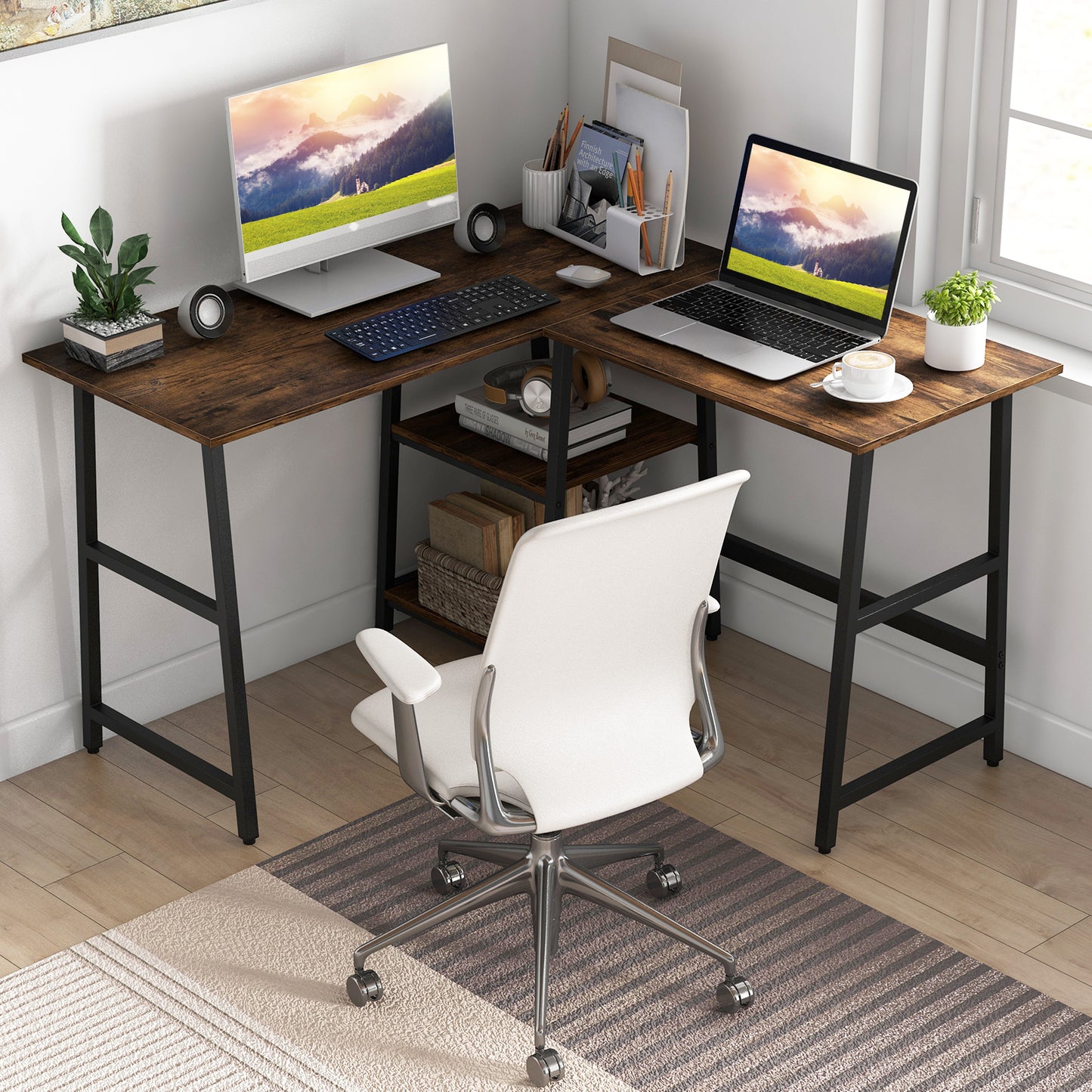 120cm L-Shaped Computer Desk Corner Study Writing Desk with Outlets-Rustic Brown, Costway, 2
