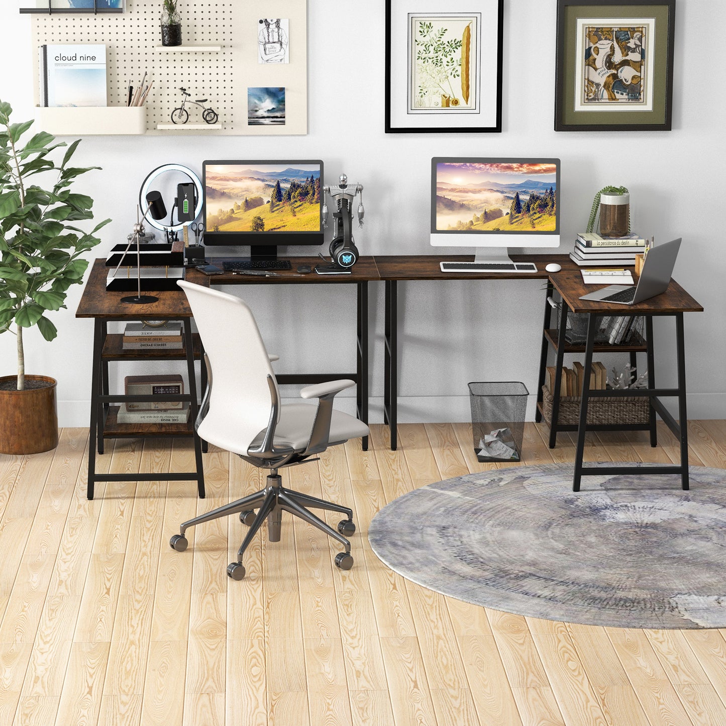 120cm L-Shaped Computer Desk Corner Study Writing Desk with Outlets-Rustic Brown, Costway, 3