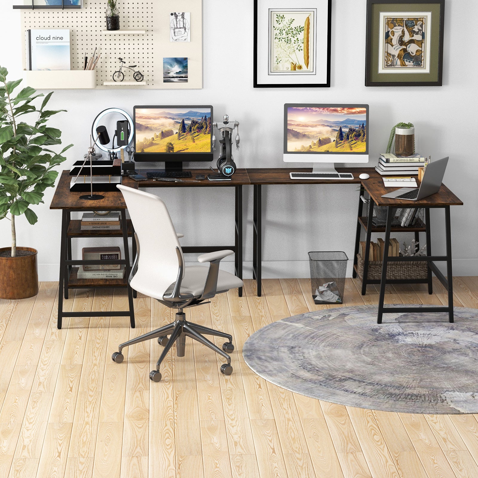 120cm L-Shaped Computer Desk Corner Study Writing Desk with Outlets-Rustic Brown, Costway, 3