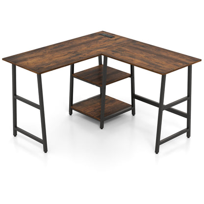 120cm L-Shaped Computer Desk Corner Study Writing Desk with Outlets-Rustic Brown, Costway, 1