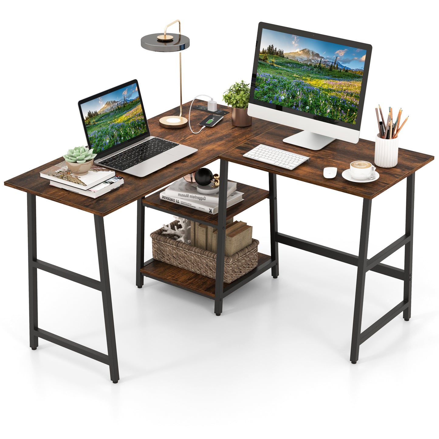 120cm L-Shaped Computer Desk Corner Study Writing Desk with Outlets-Rustic Brown, Costway, 4