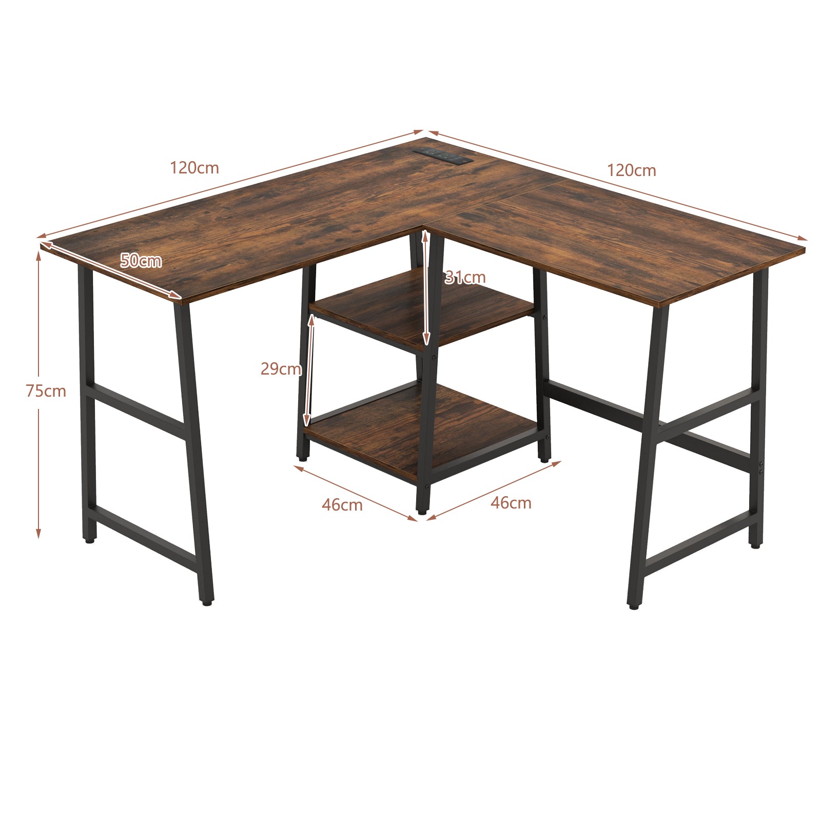 120cm L-Shaped Computer Desk Corner Study Writing Desk with Outlets-Rustic Brown, Costway, 5