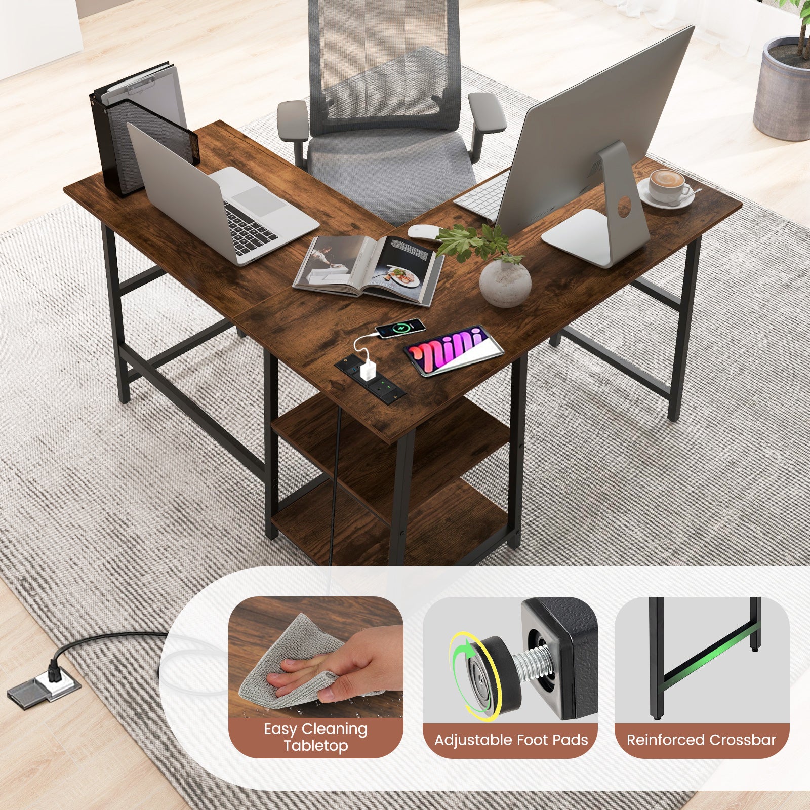 120cm L-Shaped Computer Desk Corner Study Writing Desk with Outlets-Rustic Brown, Costway, 6