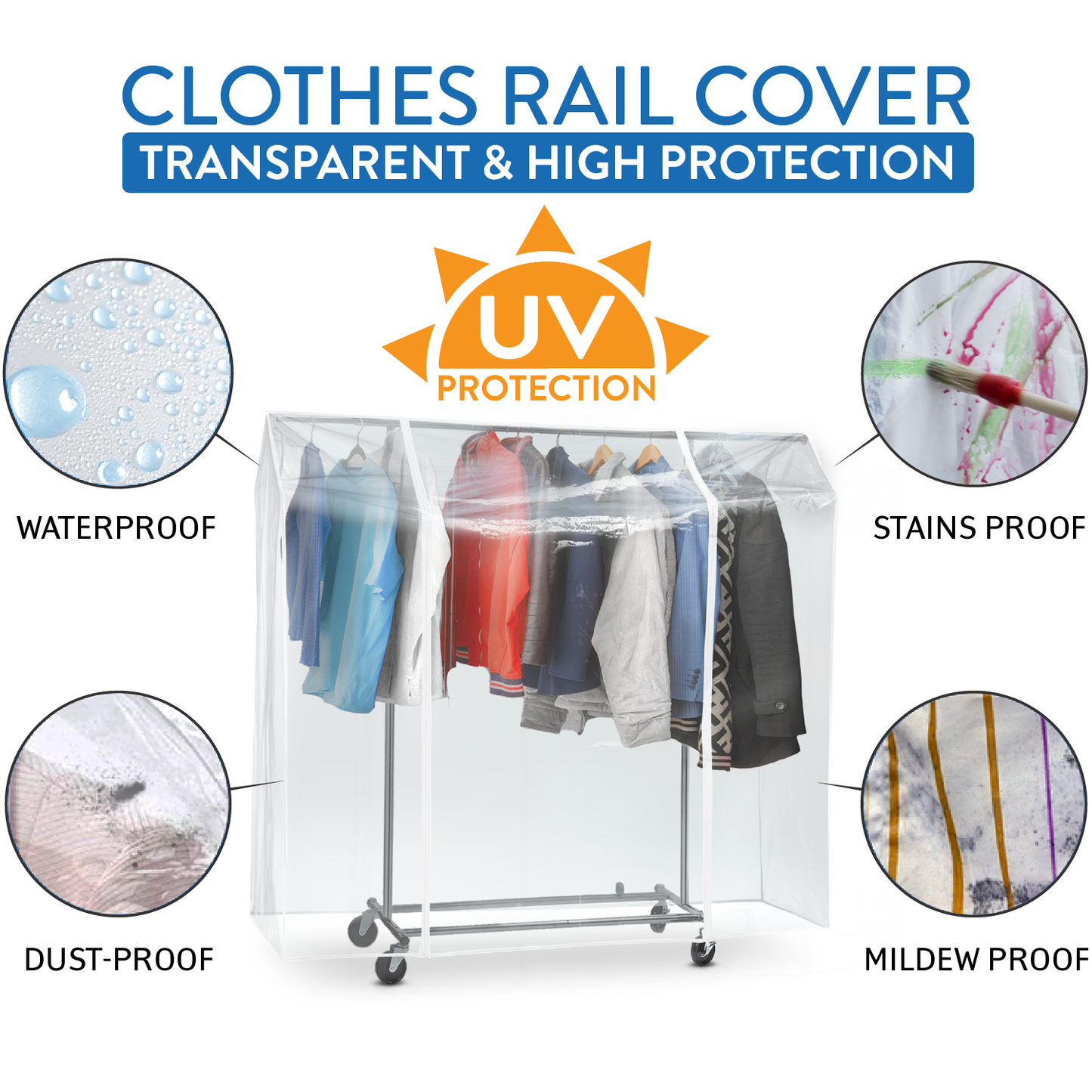 Tatkraft Anwalt - Transparent Clothes Rail Cover, Protection from UV Rays, Dust, Dirt, Odors, Rain, Clear PVC Cover with 2 Zippers