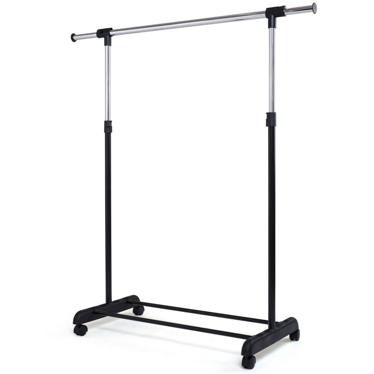 Adjustable Single Rail Garment Rack with Wheels and Bottom Shelf, Costway, 1