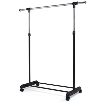 Adjustable Single Rail Garment Rack with Wheels and Bottom Shelf, Costway, 1