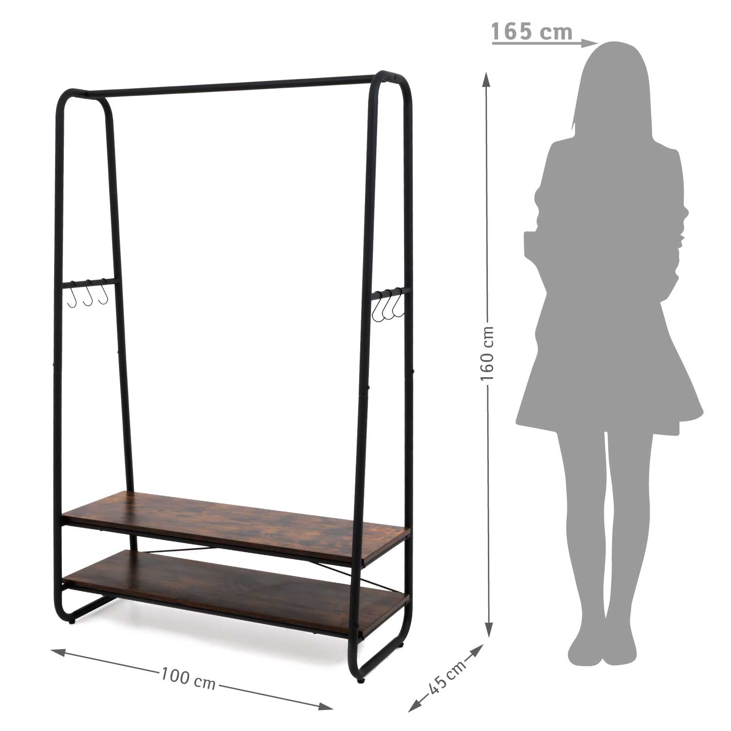 Heavy Duty Clothes Rail, Clothes Rail with 2 Shelves, 170 kg Load Capacity, Particleboard Rustic Brown, Tatkraft Anneli, 8